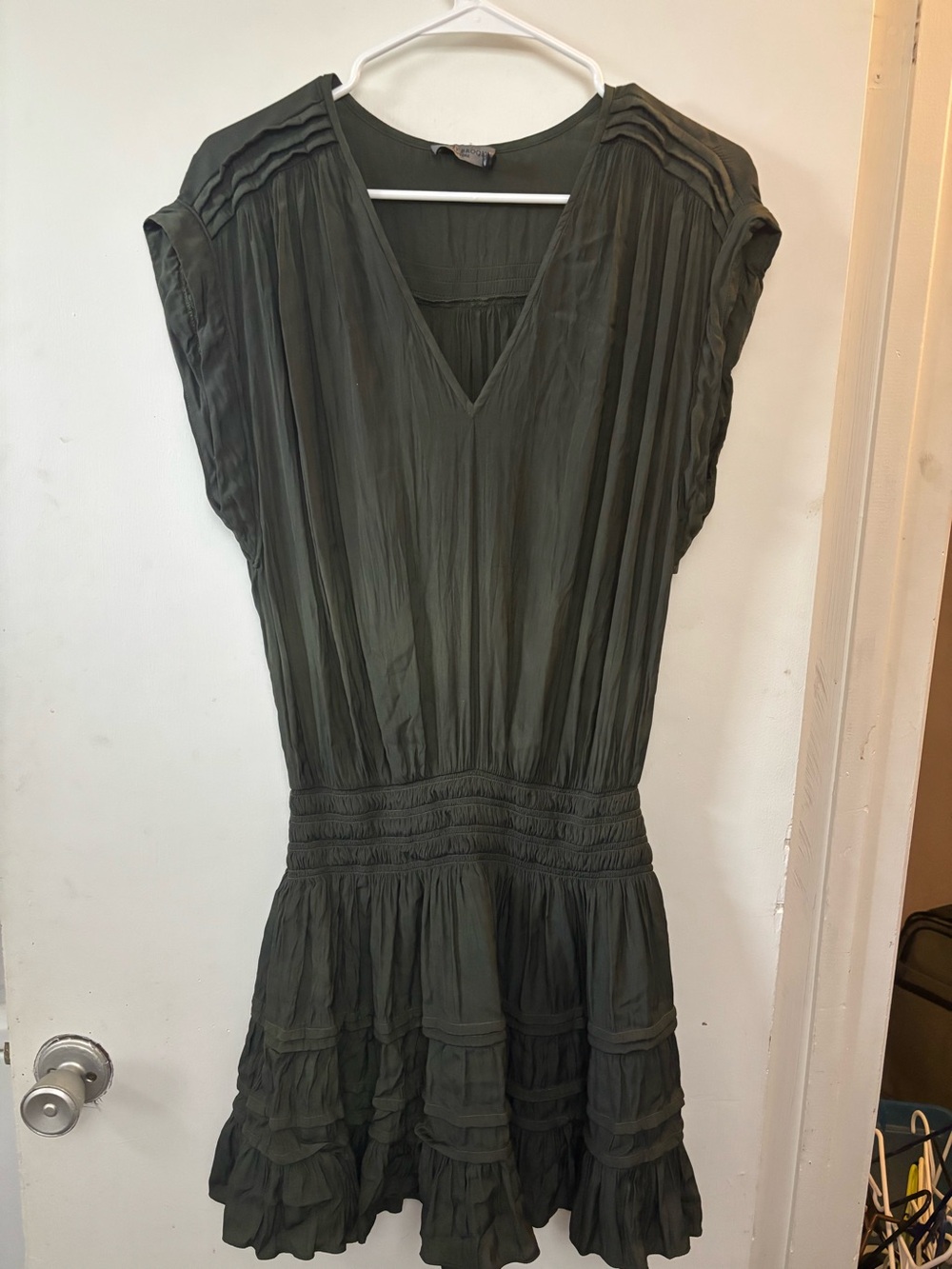 Ramy Brook Vanessa Tiered Smocked Waist V-neck Mini Dress Size M Urban Green